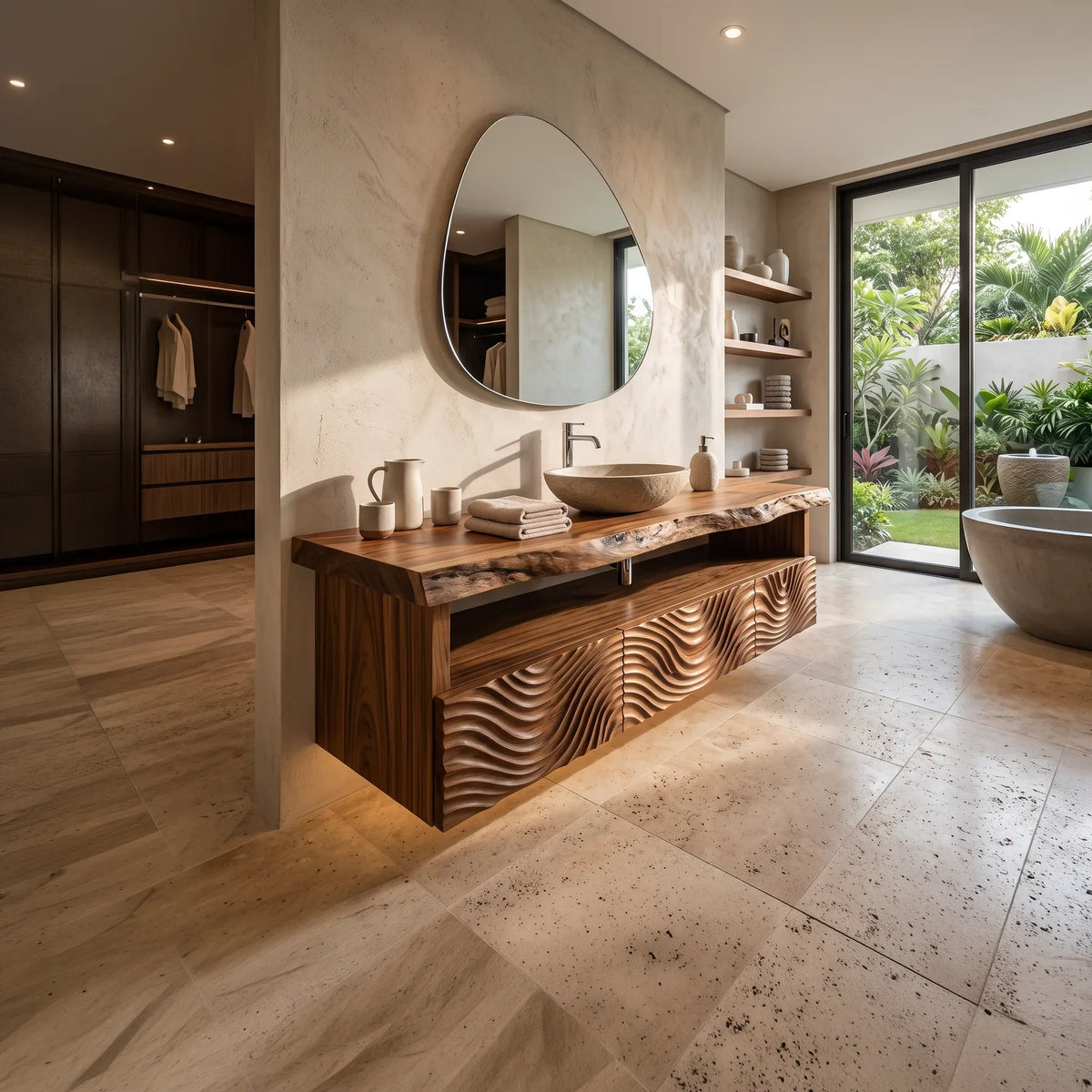 Organic Modern Floating Bathroom Vanity Wave Carved Drawers For Spa
