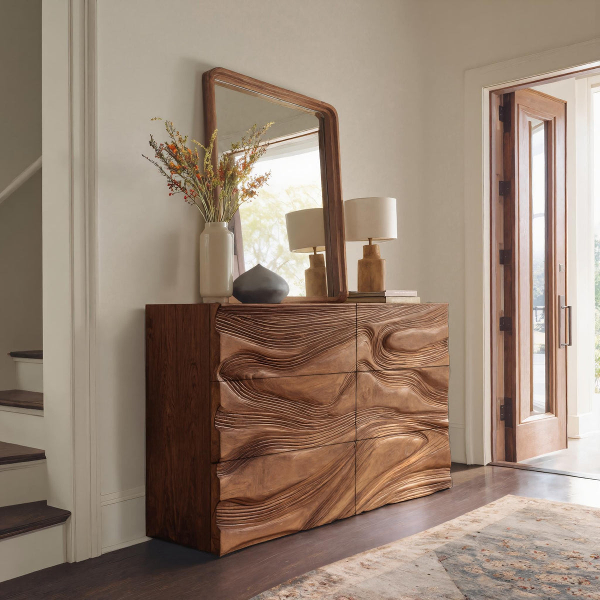 Contemporary Sculptural Carved Dresser For Living Room