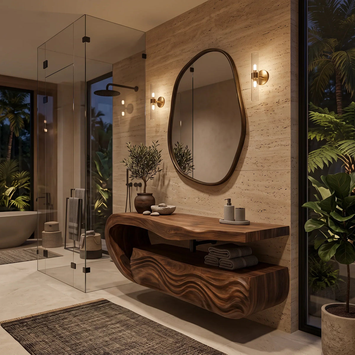 Minimalist Floating Bathroom Vanity Wave Carved Cabinet For Modern Bathroom