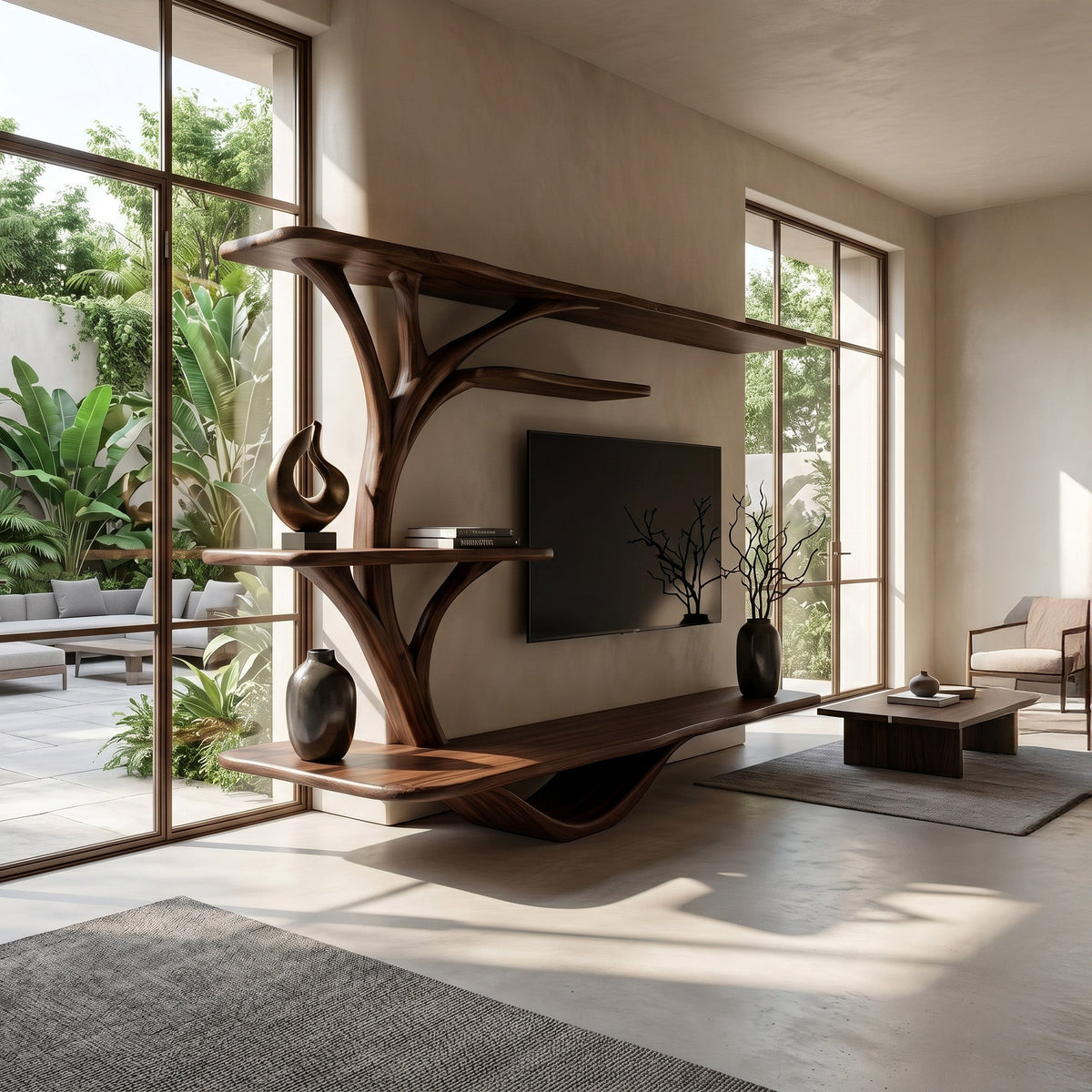 Organic TV Stand With Sculptural Branch Shelves For Living Room