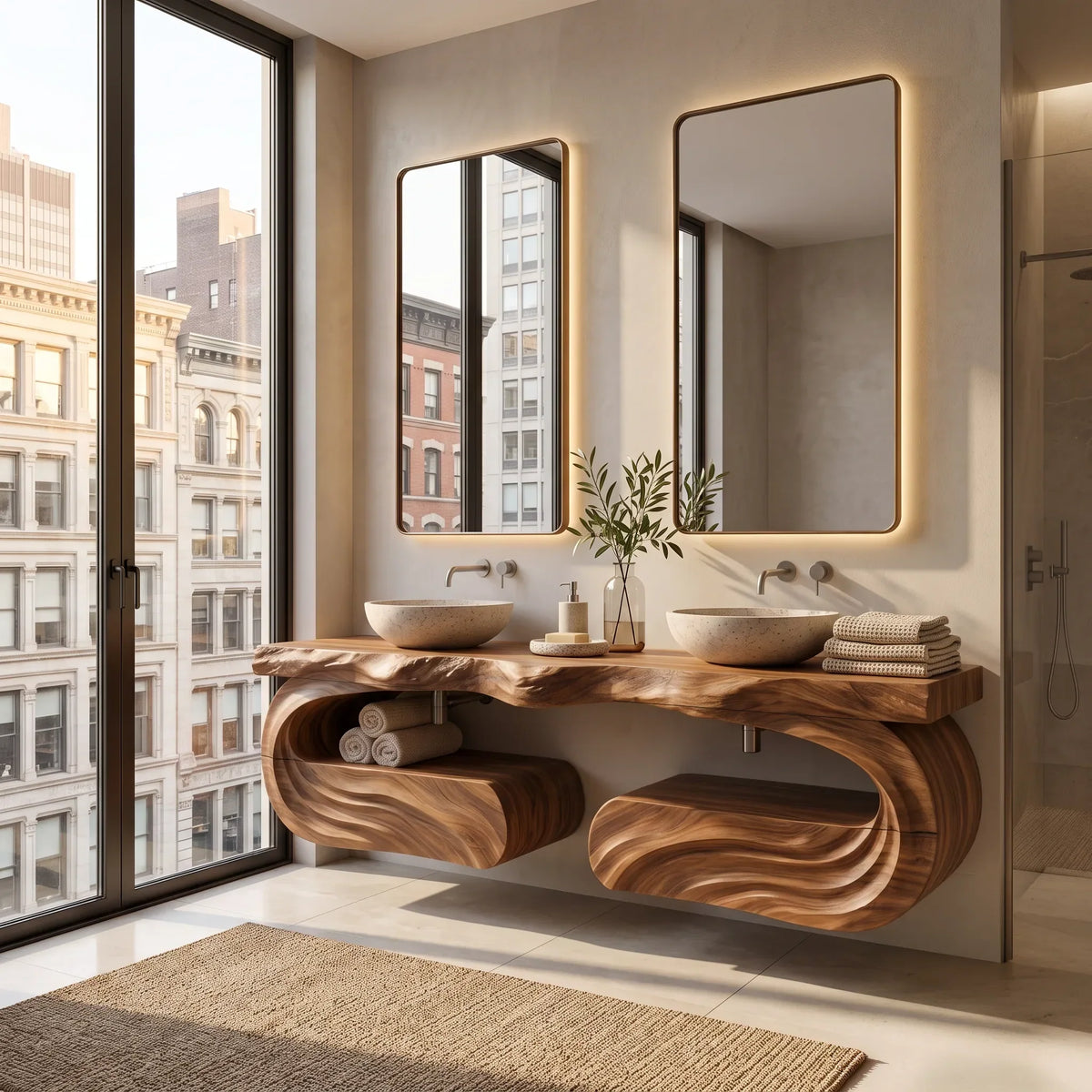 Luxury Floating Bathroom Vanity Wave Carved Cabinet For Modern Ensuite