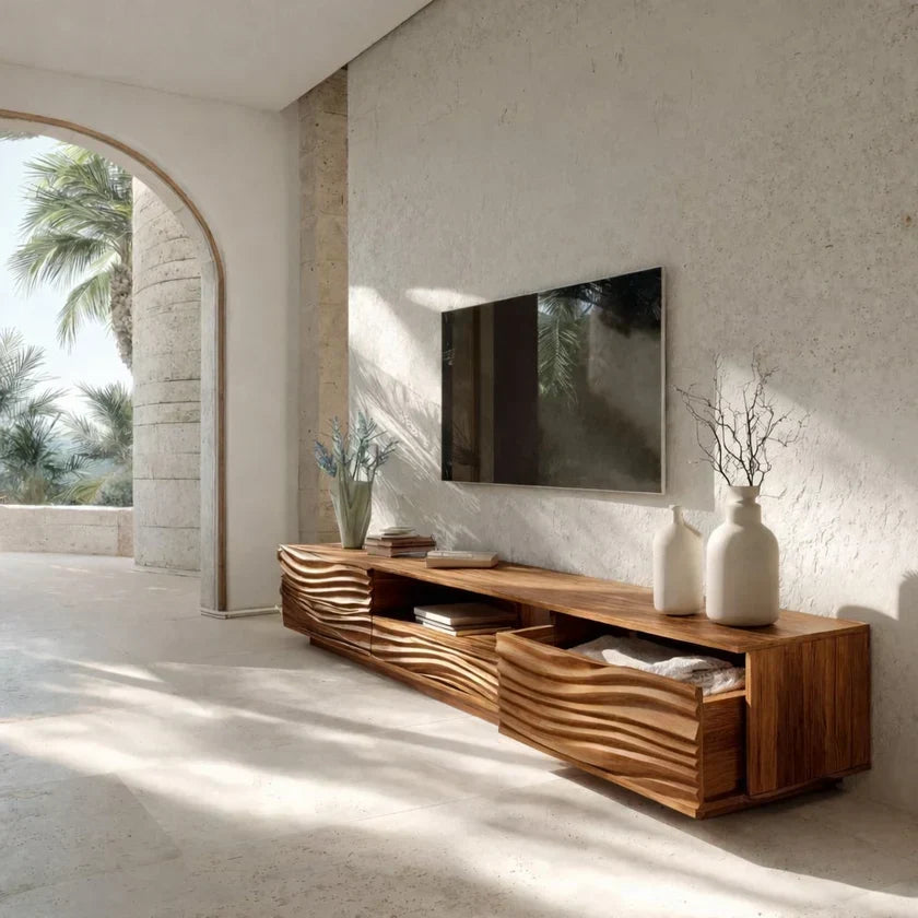 Modern Organic TV Console Sculpted Media Cabinet For Living Room