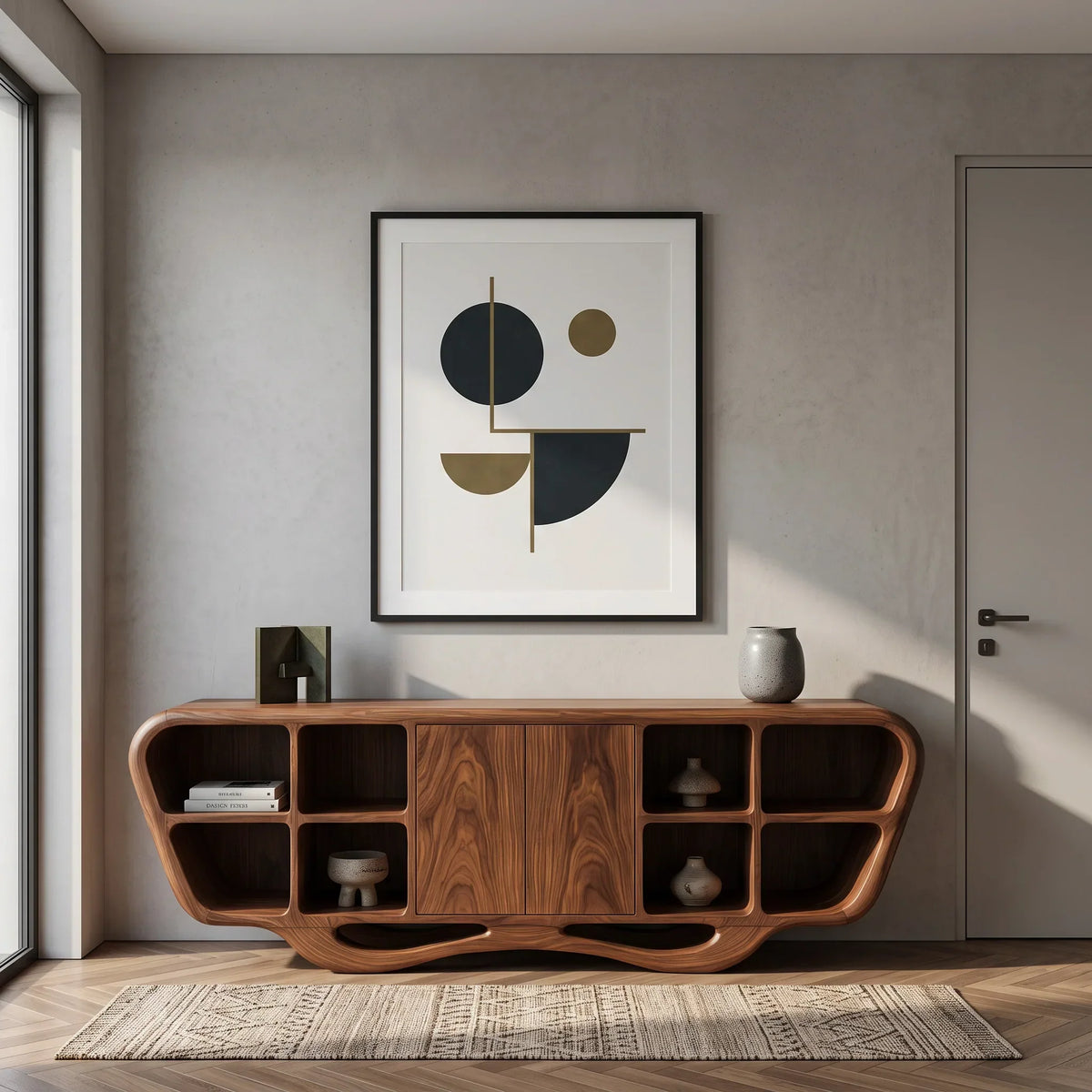 Modern Sculptural Open Shelf Sideboard For Living Room