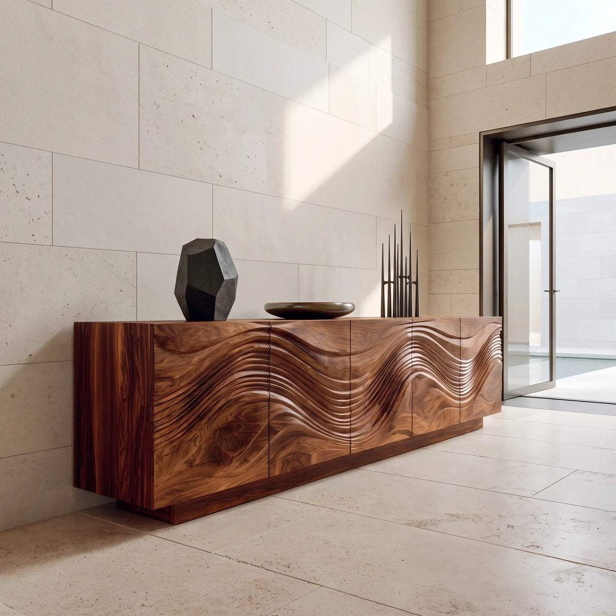 Contemporary Wave Carved Sideboard For Dining Area