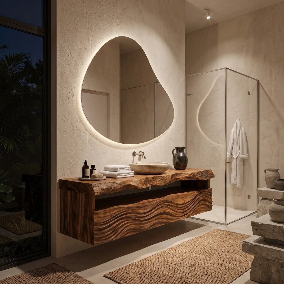 Contemporary Wall Mounted Bathroom Vanity Wave Carved Drawers For Ensuite