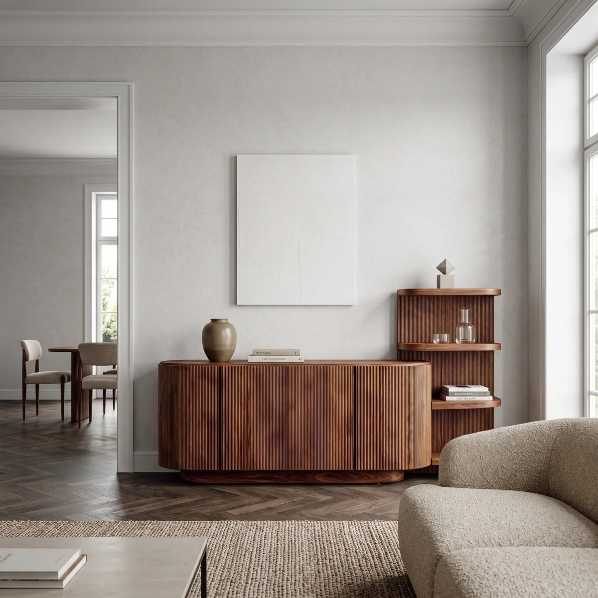 Contemporary Fluted Sideboard With Shelves For Living Room