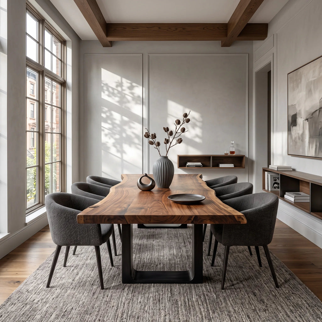 Rustic Natural Wood Dining Table U-Shaped Base For Dining Room