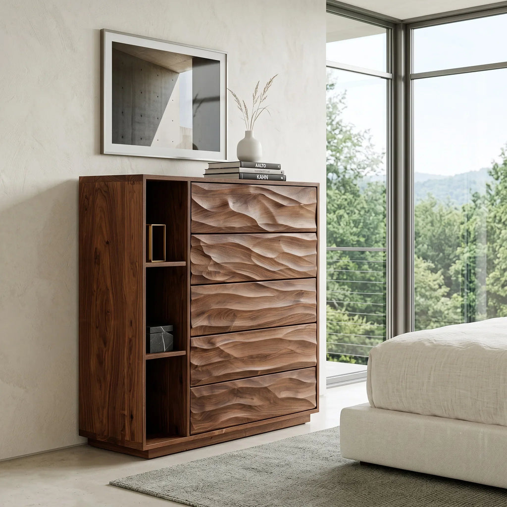 Contemporary Wave Carved Dresser With Shelves For Bedroom