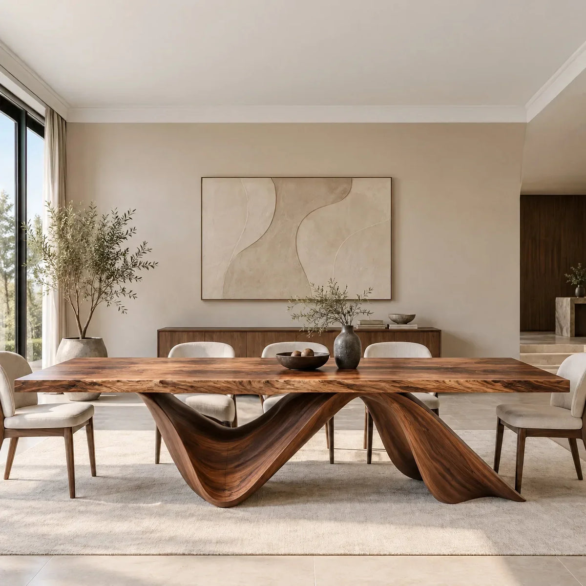 Luxury Natural Wood Dining Table Wave Base For Dining Room