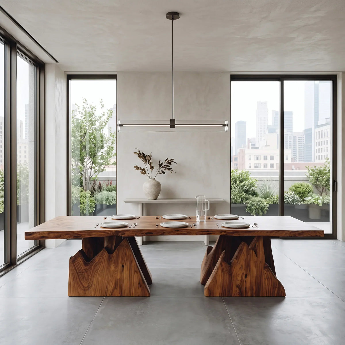 Modern Natural Wood Dining Table Geometric Pedestal For Dining Room