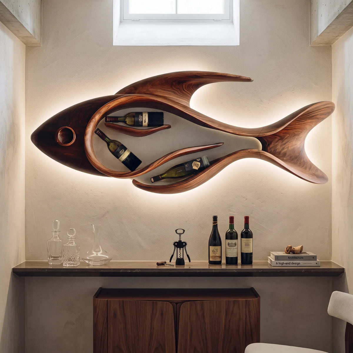 Contemporary Sculptural Fish Wine Rack For Home Bar