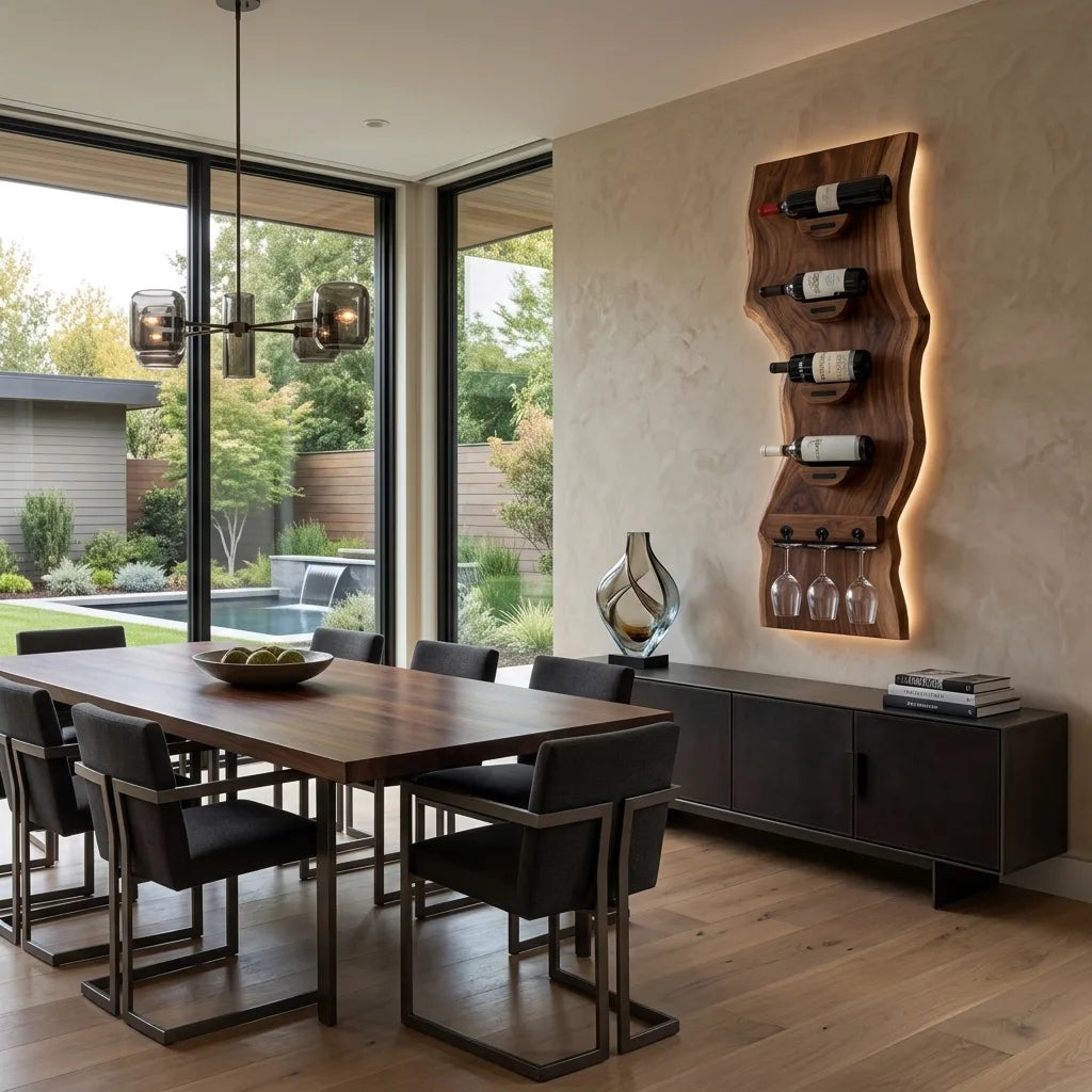Contemporary Live Edge Wine Rack With Glass Holder For Dining Room