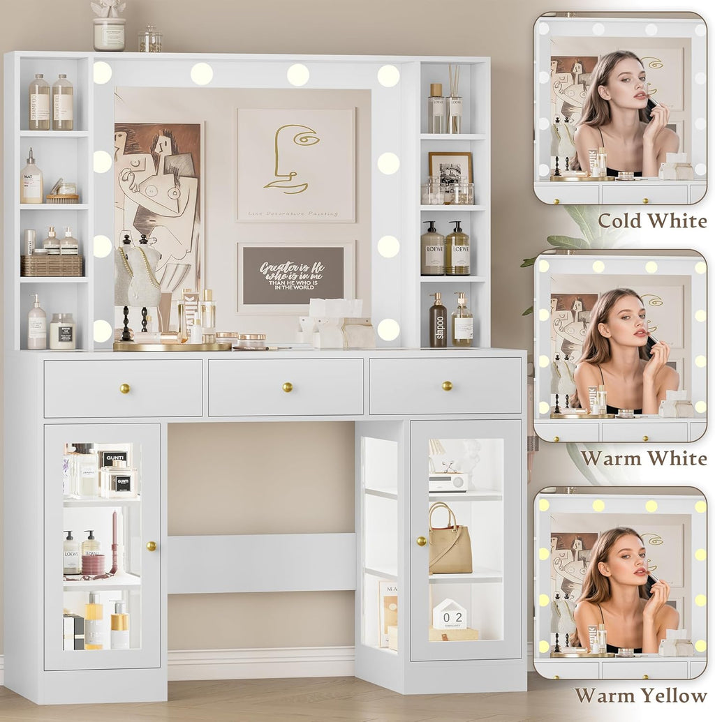 Makeup Vanity Desk With Mirror, LED Lights, Glass Top, 3 Drawers And 2 RGB Glass Cabinets, White
