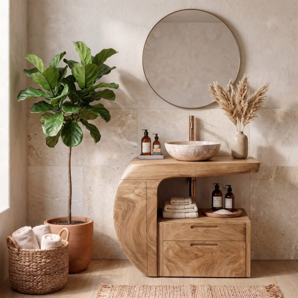 Modern Organic Wooden Bathroom Vanity With Storage Cabinet